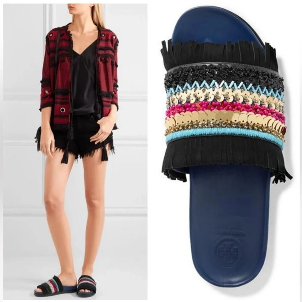 Tory Burch Isle Slide Slipon Sandal Navy Black Sequin Size 7.5